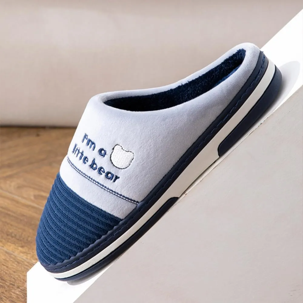 Premium Comfort Thermal Bear Stripes Patchwork Non Slip Men's Fuzzy House Slippers Inddor Soft Warm Shoes Plus Size