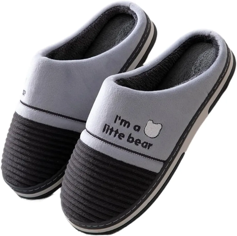 Premium Comfort Thermal Bear Stripes Patchwork Non Slip Men's Fuzzy House Slippers Inddor Soft Warm Shoes Plus Size