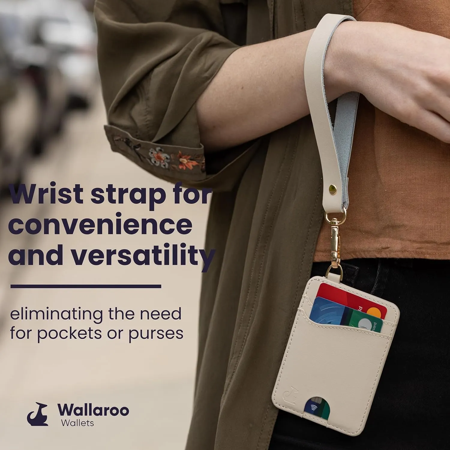 Premium Leather Women's Wristlet Wallet Slim Card Holder for Credit Cards, ID, and Cash - Minimalist Slim Style with Non-Slip Lining and Wrist Strap (Beige)