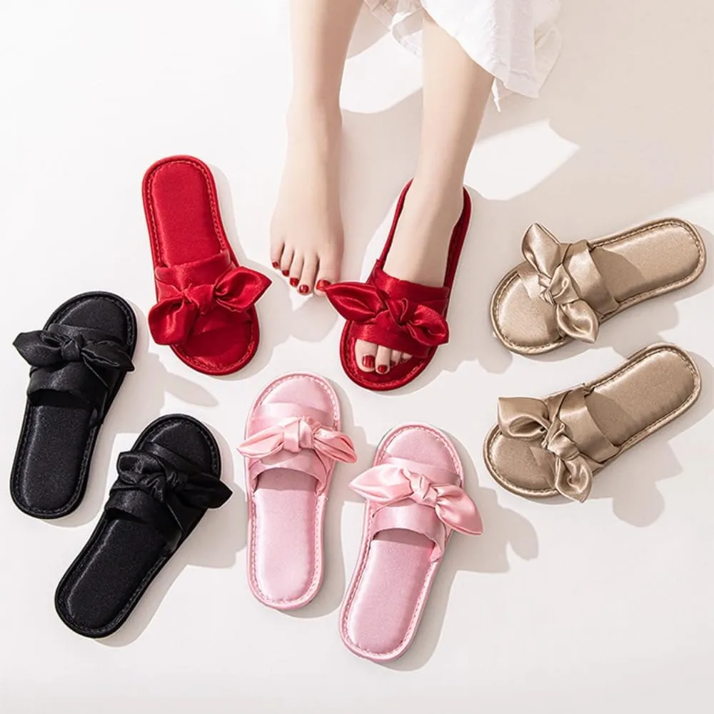 Premium Luxury Satin Silk All Seasons Comfort Ribbon Bow Women's House Slippers Non Slip Indoor Soft Home Slip On Shoes