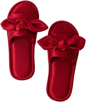 Premium Luxury Satin Silk All Seasons Comfort Ribbon Bow Women's House Slippers Non Slip Indoor Soft Home Slip On Shoes