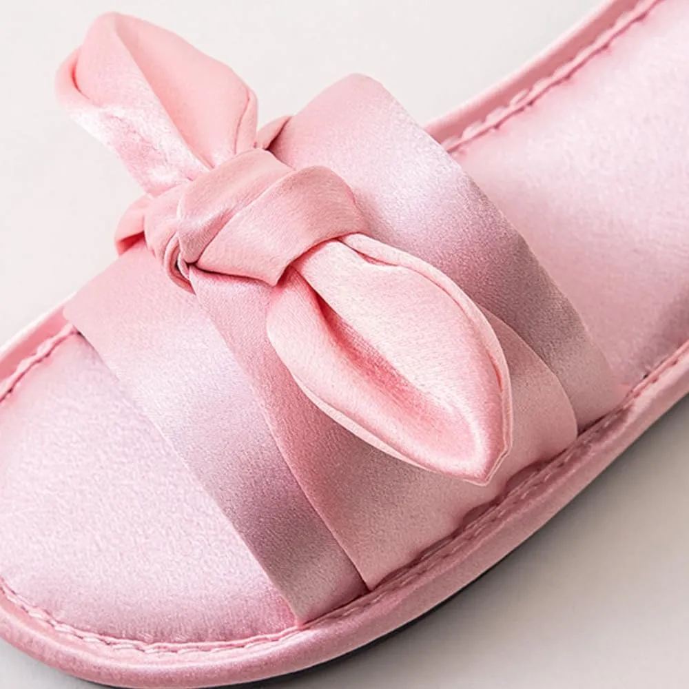 Premium Luxury Satin Silk All Seasons Comfort Ribbon Bow Women's House Slippers Non Slip Indoor Soft Home Slip On Shoes
