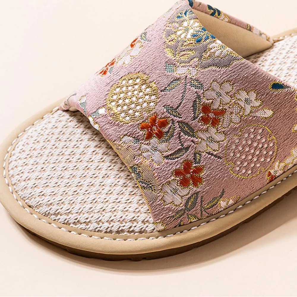 Premium Luxury Satin Silk Flowers All Seasons Comfort Women's House Linen Slippers Non Slip Indoor Soft Home Slip On Shoes