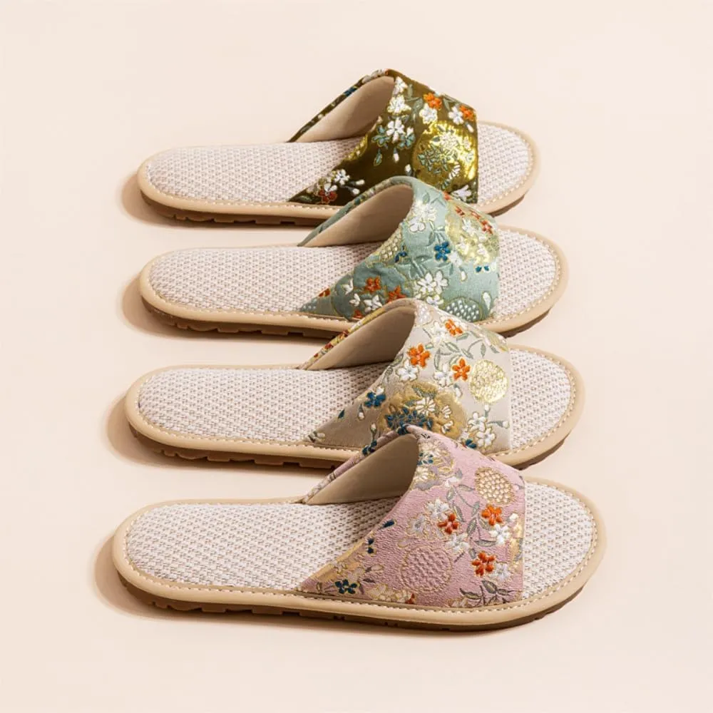 Premium Luxury Satin Silk Flowers All Seasons Comfort Women's House Linen Slippers Non Slip Indoor Soft Home Slip On Shoes