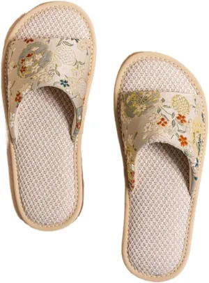 Premium Luxury Satin Silk Flowers All Seasons Comfort Women's House Linen Slippers Non Slip Indoor Soft Home Slip On Shoes
