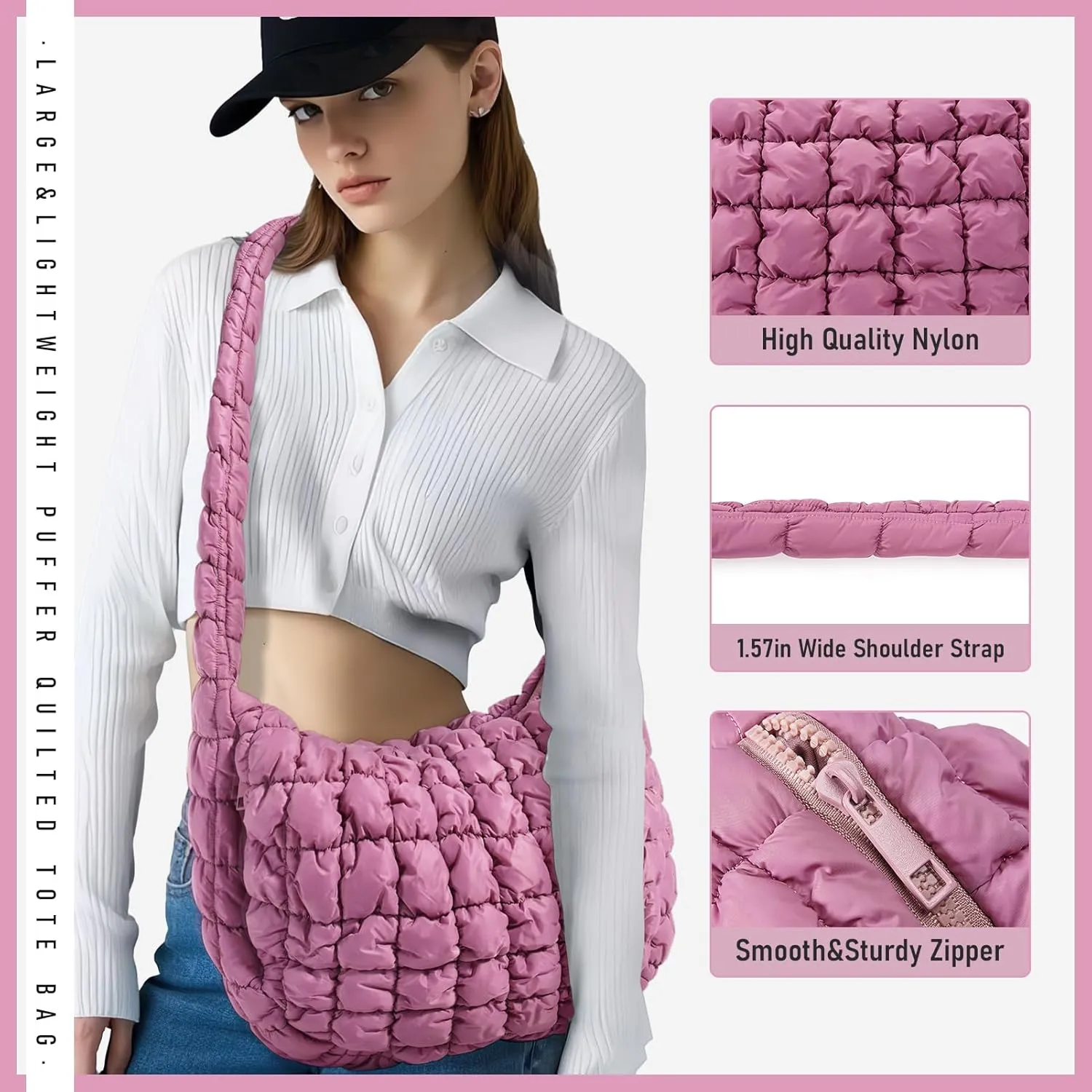 Puffer Bag for Women,Large Lightweight Quilted Tote Bag for Women Puffy Hobo Crossbody Handbags with Padding,Zip Pockets