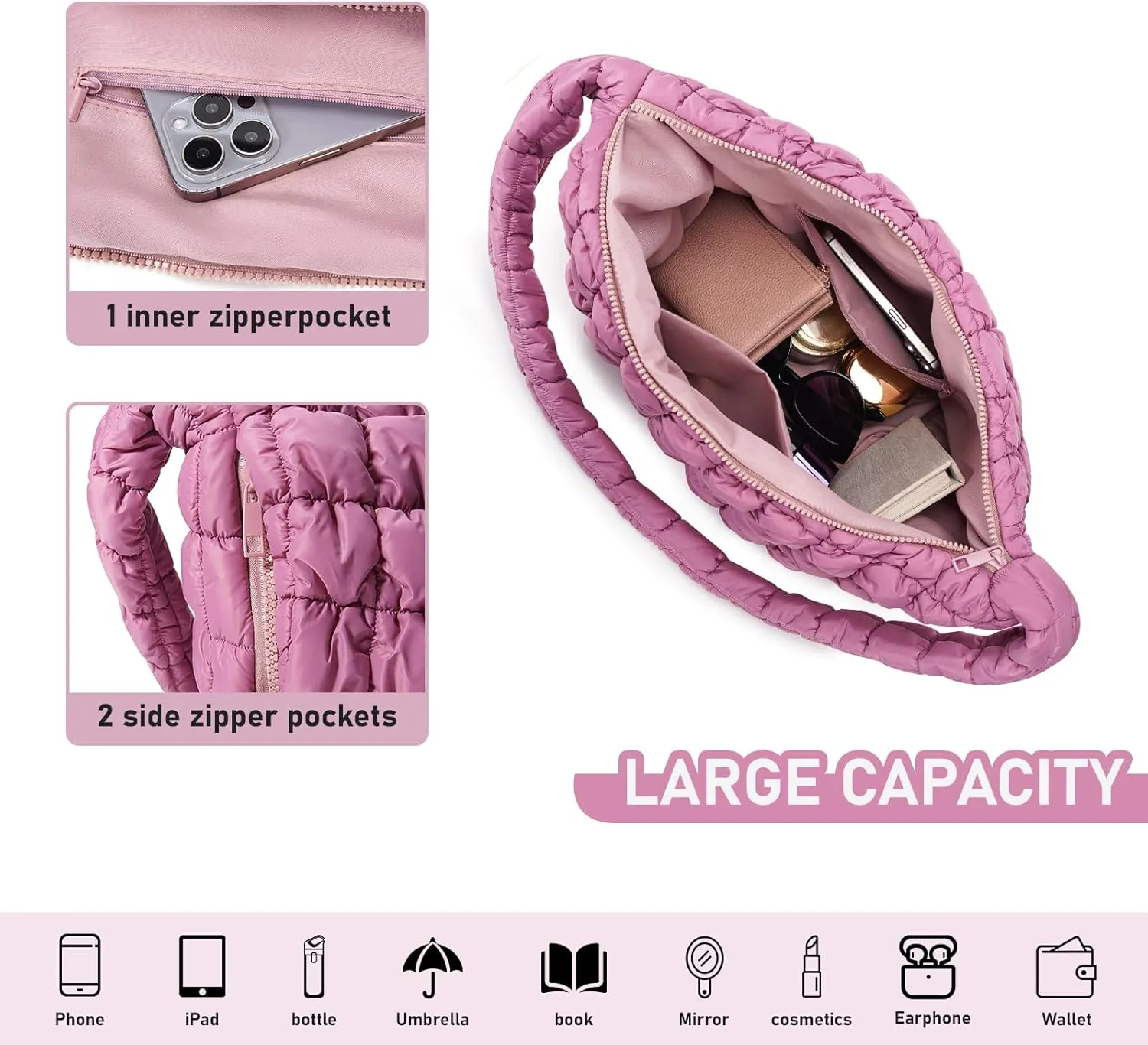 Puffer Bag for Women,Large Lightweight Quilted Tote Bag for Women Puffy Hobo Crossbody Handbags with Padding,Zip Pockets