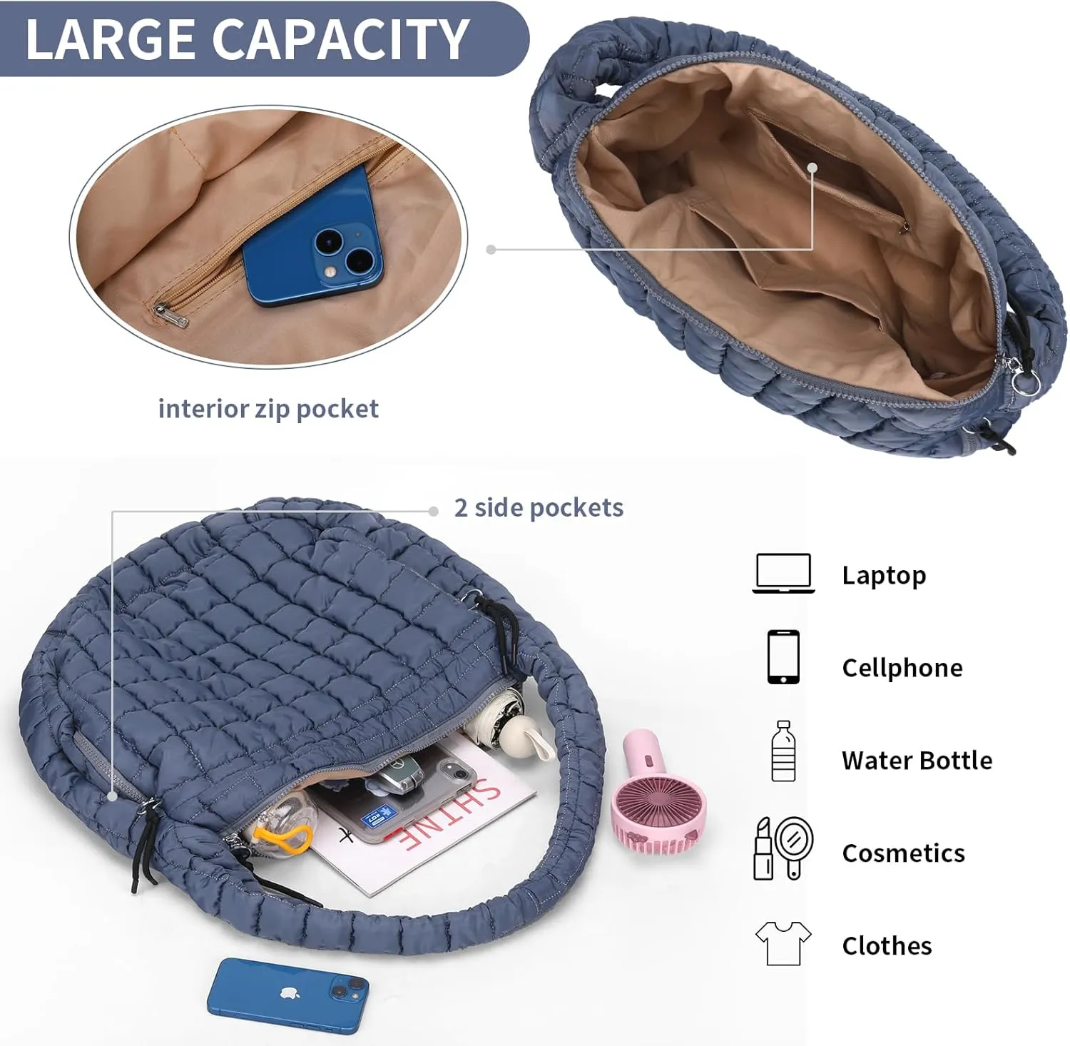 Puffer Tote Bag for Women Large Quilted Carryall Bag Soft Puffy Crossbody Lightweight Shoulder Handbags Work Travel