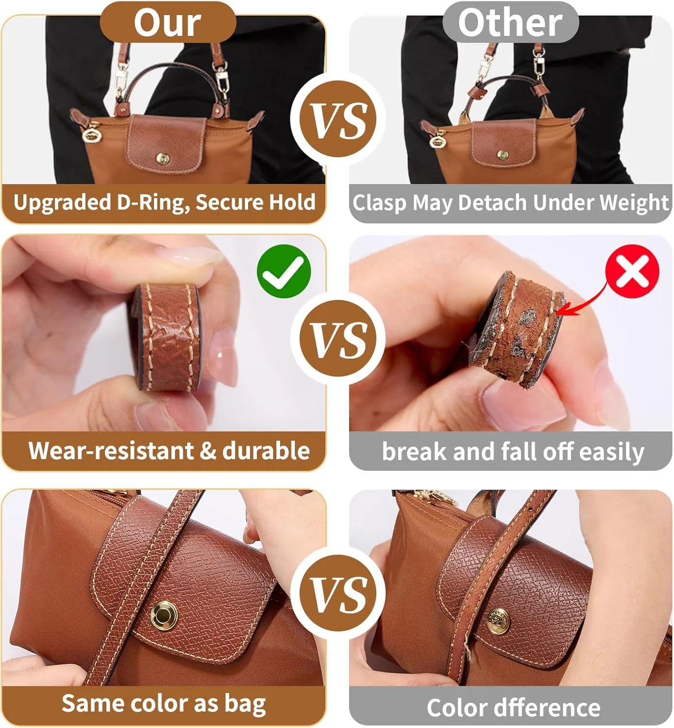 Purse Straps Replacement, Leather Handbag Crossbody Shoulder Strap Kit Adjustable for Mini Longcamp Tote Bag Women