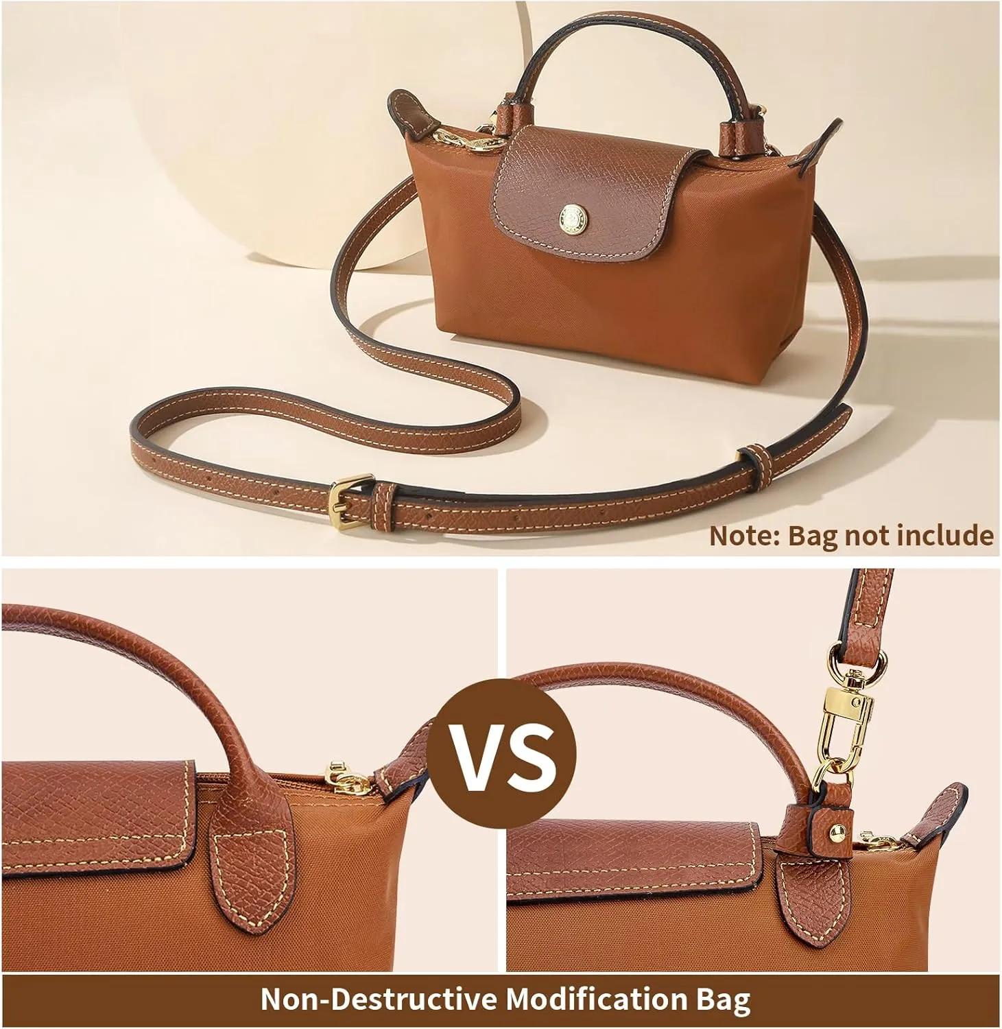 Purse Straps Replacement, Leather Handbag Crossbody Shoulder Strap Kit Adjustable for Mini Longcamp Tote Bag Women