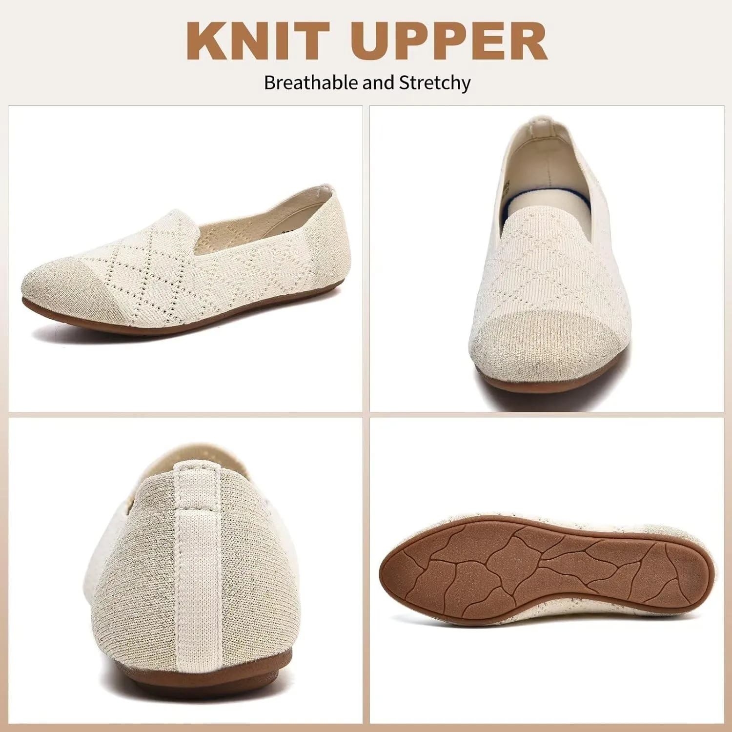 Puxowe Ballet Flats for Women - Stretch Knit Slip-On Low Wedge Shoes, Soft Round Toe Design for Office, Travel & Daily Walking