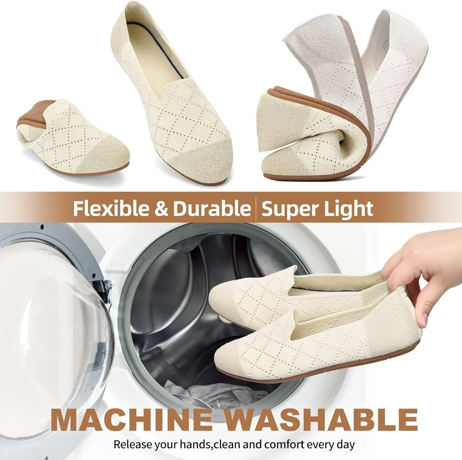 Puxowe Ballet Flats for Women - Stretch Knit Slip-On Low Wedge Shoes, Soft Round Toe Design for Office, Travel & Daily Walking