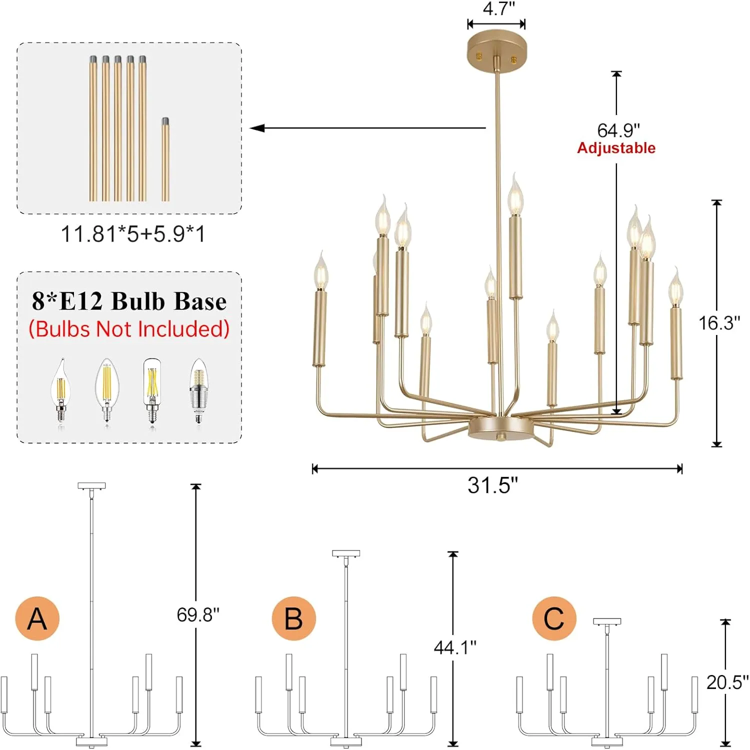 Qamra Modern Farmhouse Gold Chandelier for Dining Room, 12-Light Rustic Candle Chandelier Light Fixture, Industrial Hanging Chandeliers Lighting for Living Room, Kitchen, Staircase, Entryway, Foyer