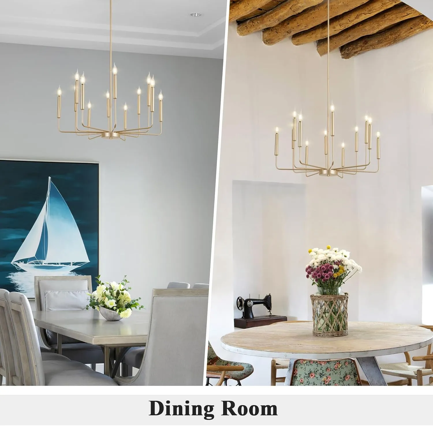 Qamra Modern Farmhouse Gold Chandelier for Dining Room, 12-Light Rustic Candle Chandelier Light Fixture, Industrial Hanging Chandeliers Lighting for Living Room, Kitchen, Staircase, Entryway, Foyer