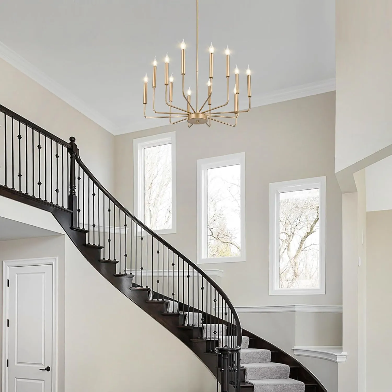 Qamra Modern Farmhouse Gold Chandelier for Dining Room, 12-Light Rustic Candle Chandelier Light Fixture, Industrial Hanging Chandeliers Lighting for Living Room, Kitchen, Staircase, Entryway, Foyer