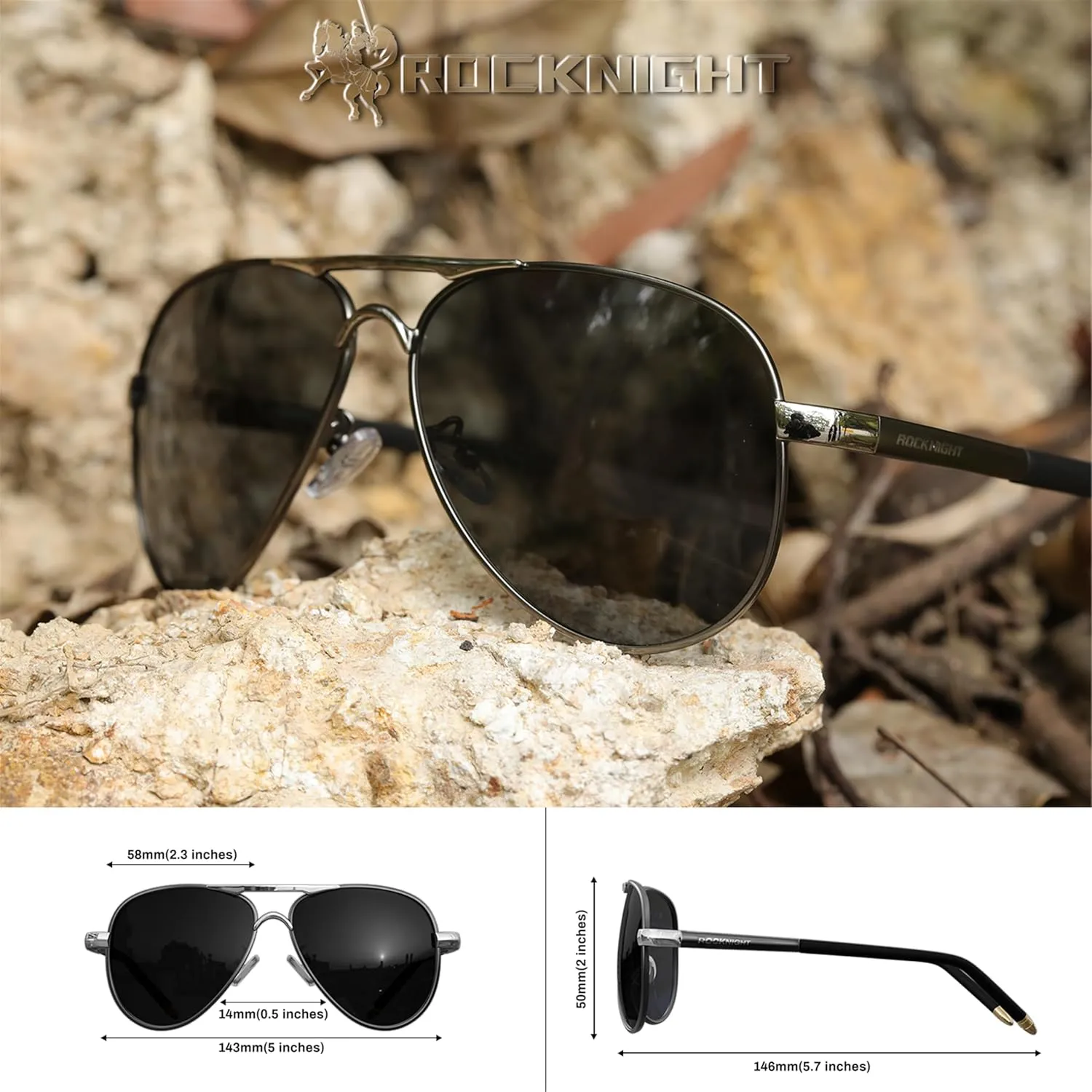 ROCKNIGHT Polarized Aviator Sunglasses for Men Women Metal Flat Top Sunglasses lightweight Driving UV400 Outdoor 58mm
