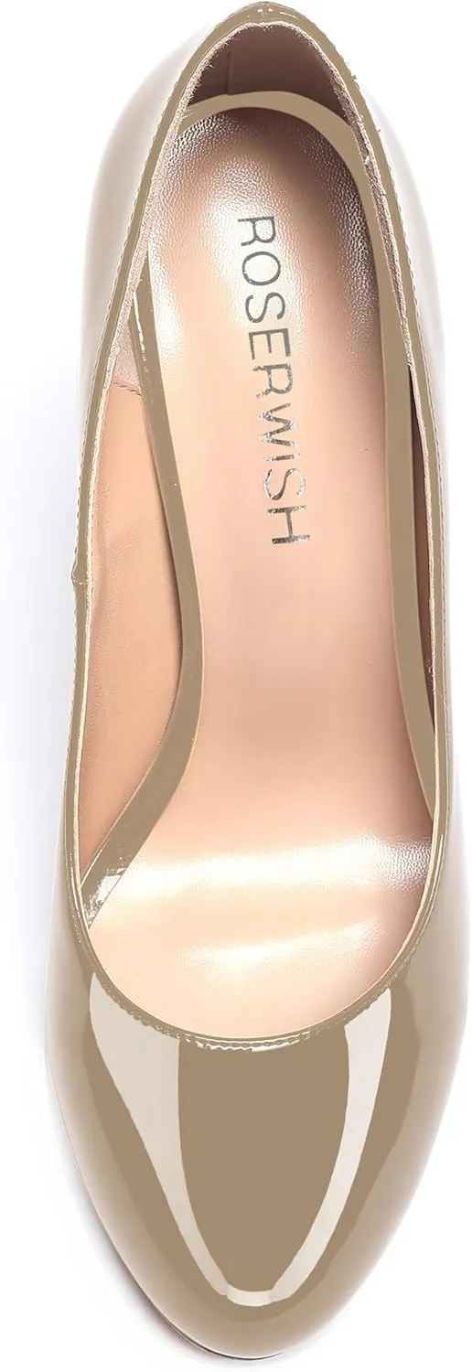 ROSERWISH Womens Party Patent Stylish Slip On Fashion Round Toe Stiletto High Heel Pumps Shoes 3.3 Inch
