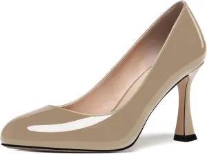 ROSERWISH Womens Party Patent Stylish Slip On Fashion Round Toe Stiletto High Heel Pumps Shoes 3.3 Inch