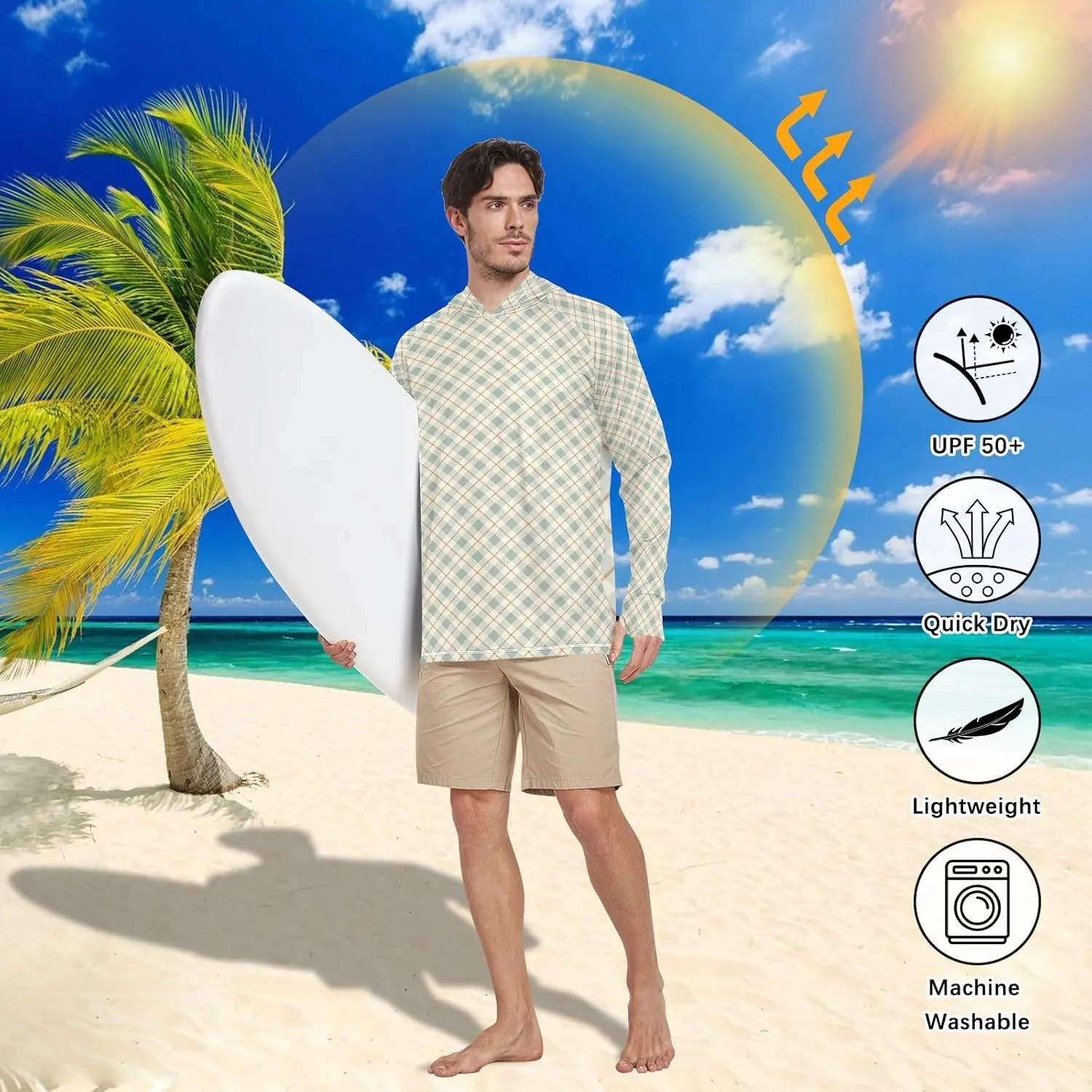 Sage Green Gingham Mens Sun Shirts Protection Long Sleeve UPF 50   Sun Shirt with Hood Beach Hoodie Rash Guard Men UV