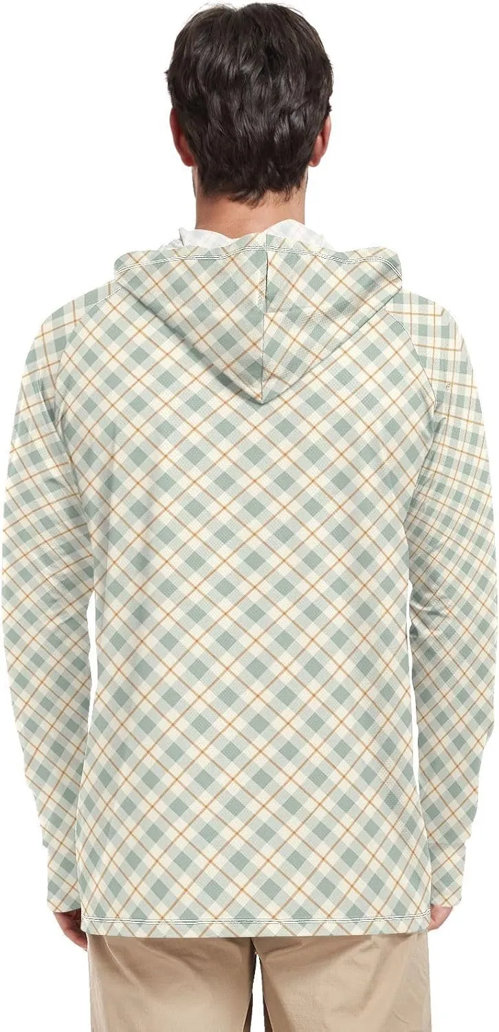 Sage Green Gingham Mens Sun Shirts Protection Long Sleeve UPF 50   Sun Shirt with Hood Beach Hoodie Rash Guard Men UV