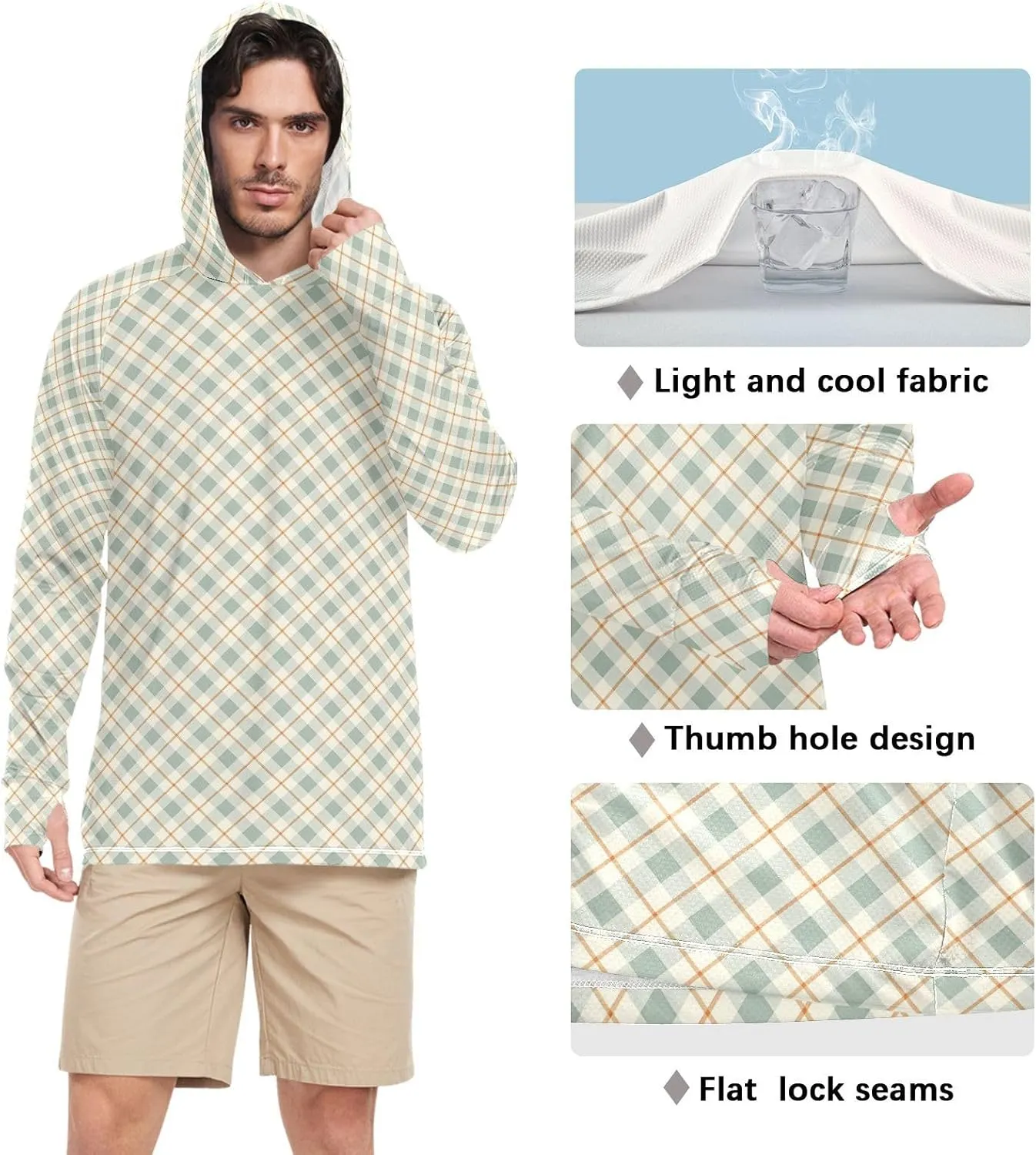 Sage Green Gingham Mens Sun Shirts Protection Long Sleeve UPF 50   Sun Shirt with Hood Beach Hoodie Rash Guard Men UV
