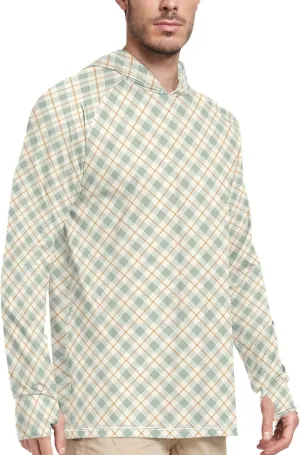 Sage Green Gingham Mens Sun Shirts Protection Long Sleeve UPF 50   Sun Shirt with Hood Beach Hoodie Rash Guard Men UV
