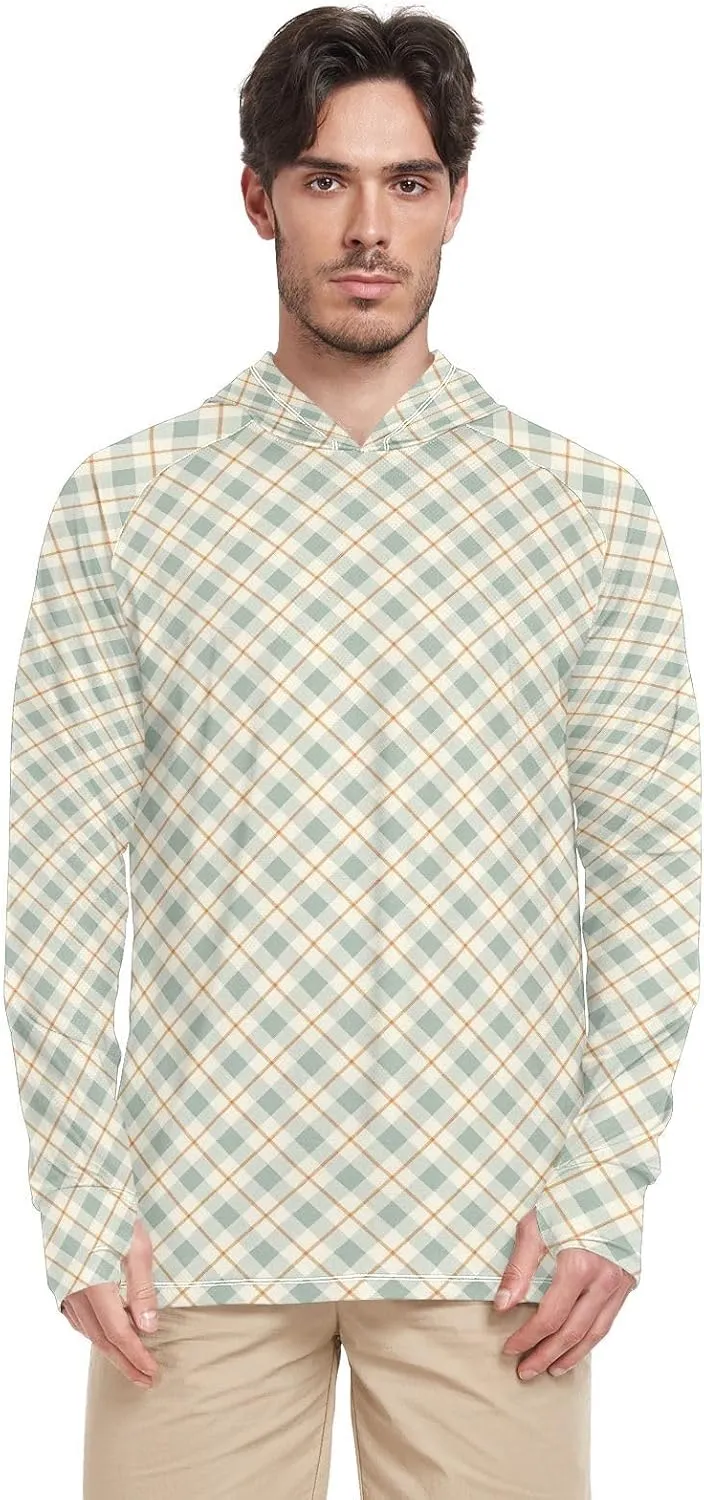 Sage Green Gingham Mens Sun Shirts Protection Long Sleeve UPF 50   Sun Shirt with Hood Beach Hoodie Rash Guard Men UV