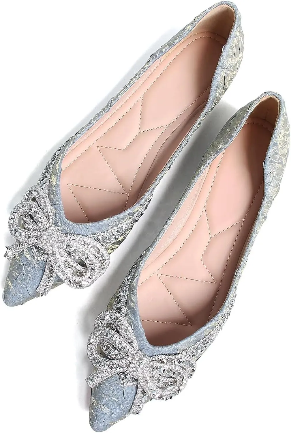 SAILING LU Bow-Knot Ballet Flats for Women Pointed Toe Crystals Wedding Shoes Comfort Light Weight Loafers