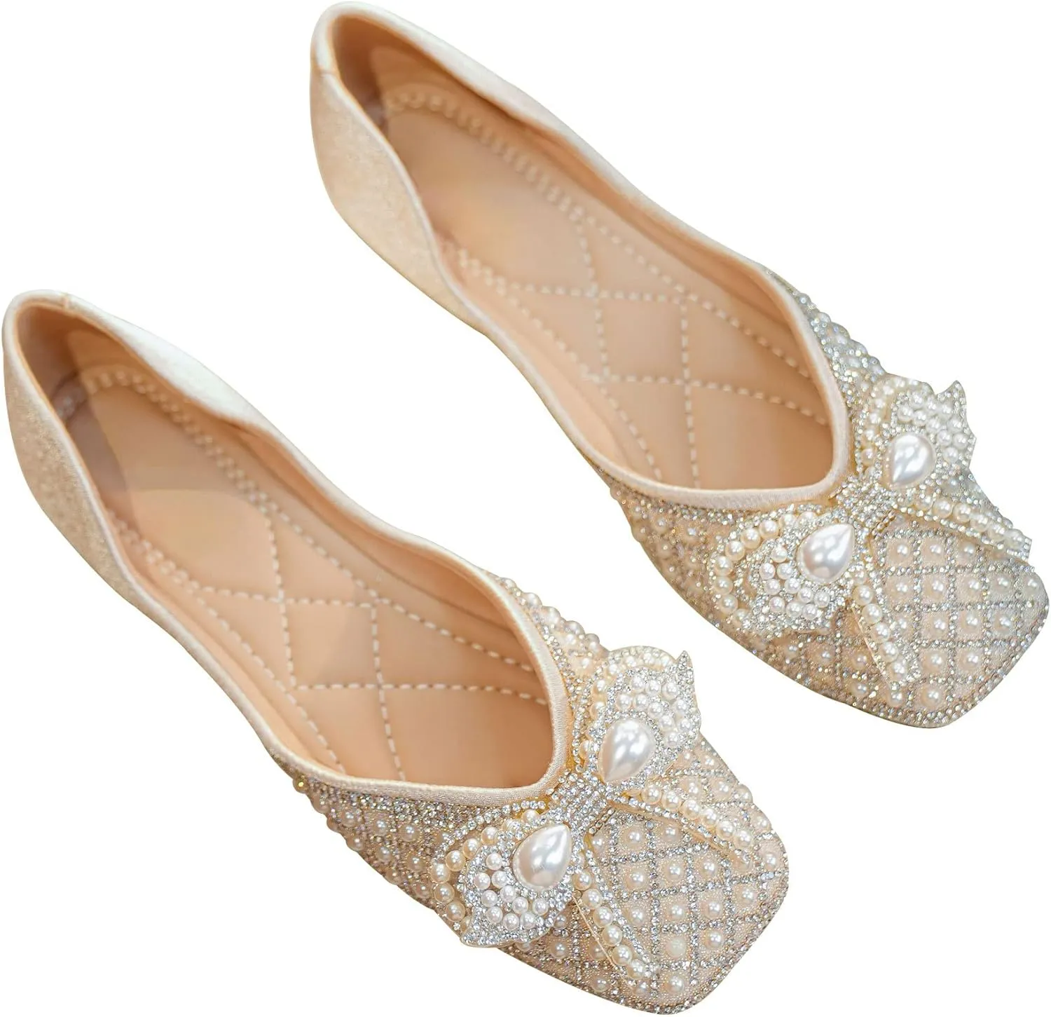 SAILING LU Rhinestones Flats Bow-Knot Shoes Women Dressy Square Toe Bridal Shoes for Wedding Comfortable Loafers Slip-ons