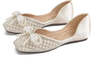 SAILING LU Rhinestones Flats Bow-Knot Shoes Women Dressy Square Toe Bridal Shoes for Wedding Comfortable Loafers Slip-ons
