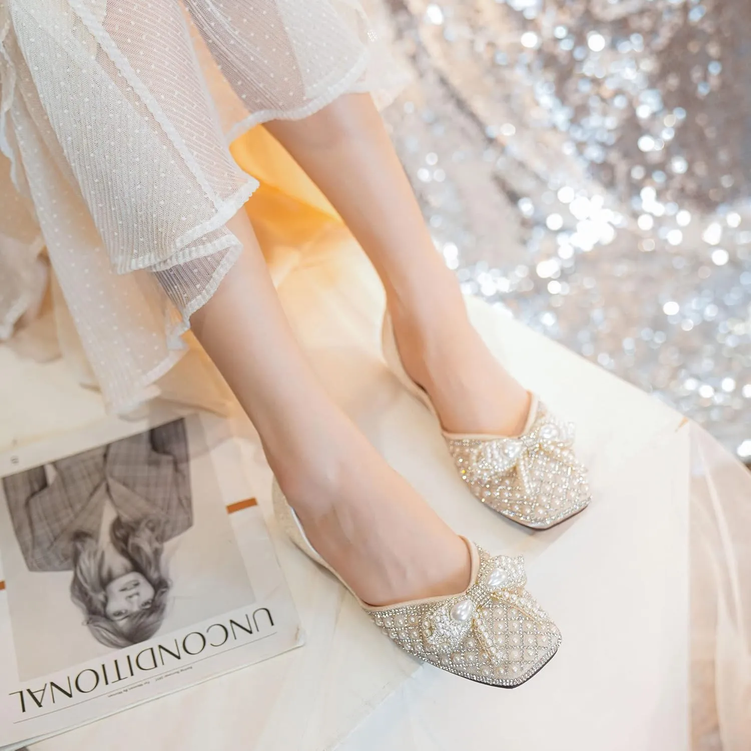 SAILING LU Rhinestones Flats Bow-Knot Shoes Women Dressy Square Toe Bridal Shoes for Wedding Comfortable Loafers Slip-ons