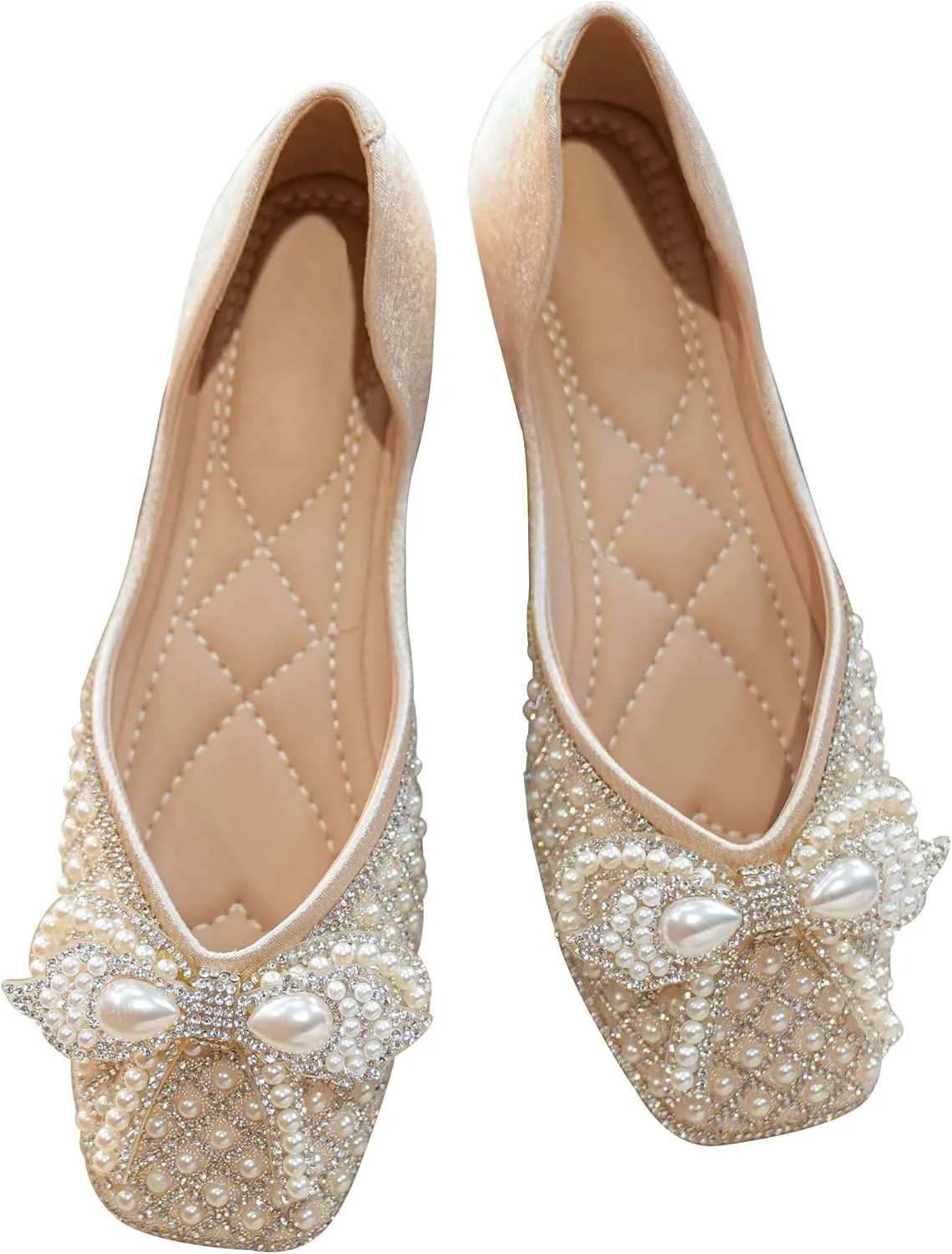 SAILING LU Rhinestones Flats Bow-Knot Shoes Women Dressy Square Toe Bridal Shoes for Wedding Comfortable Loafers Slip-ons