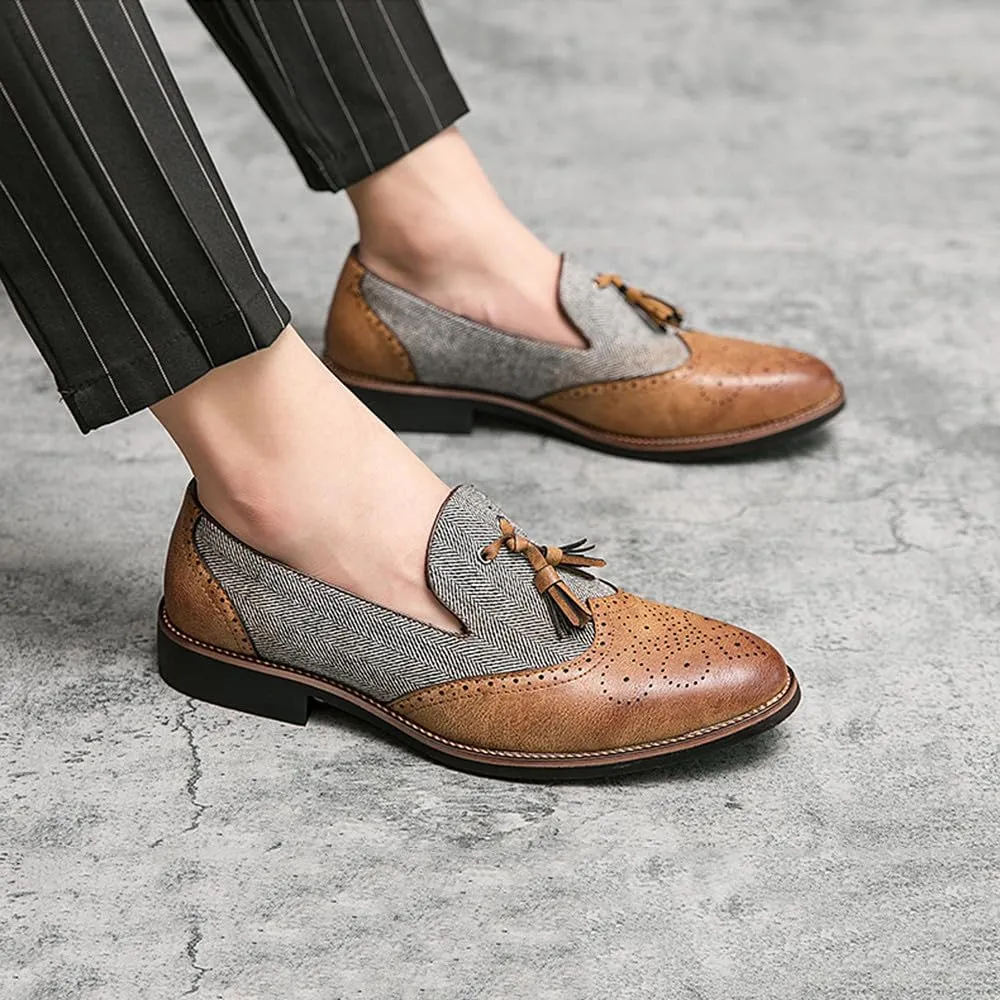 Santimon Men's Leather Tassel Loafers with Herringbone Pattern Casual Shoes Black Brown