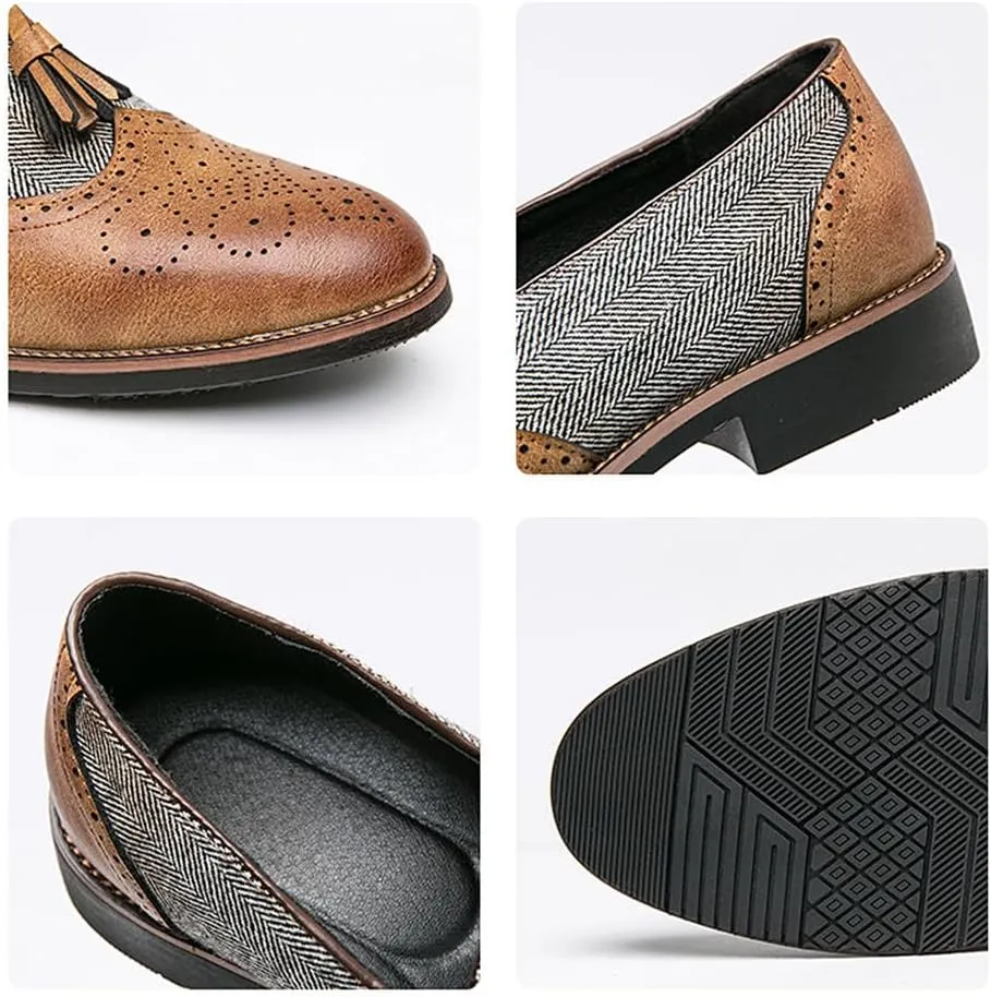 Santimon Men's Leather Tassel Loafers with Herringbone Pattern Casual Shoes Black Brown