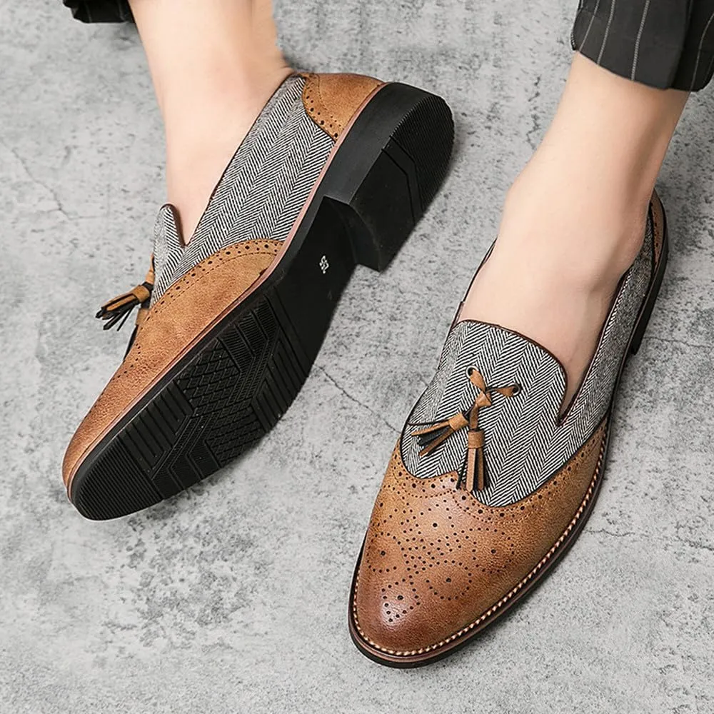 Santimon Men's Leather Tassel Loafers with Herringbone Pattern Casual Shoes Black Brown