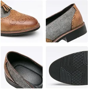 Santimon Men's Leather Tassel Loafers with Herringbone Pattern Casual Shoes Black Brown