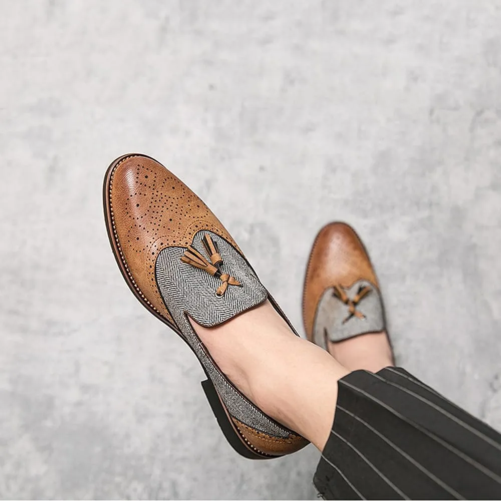 Santimon Men's Leather Tassel Loafers with Herringbone Pattern Casual Shoes Black Brown