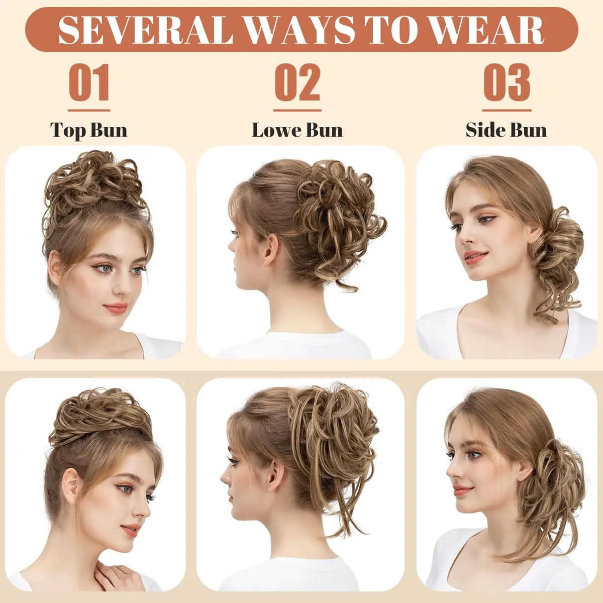 SARLA 2PCS Messy Bun Hair Pieces for Women Wavy Curly Synthetic Hairpieces for Updos with Tendrils Fake Scrunchies Ponytail Extension Beige Multi
