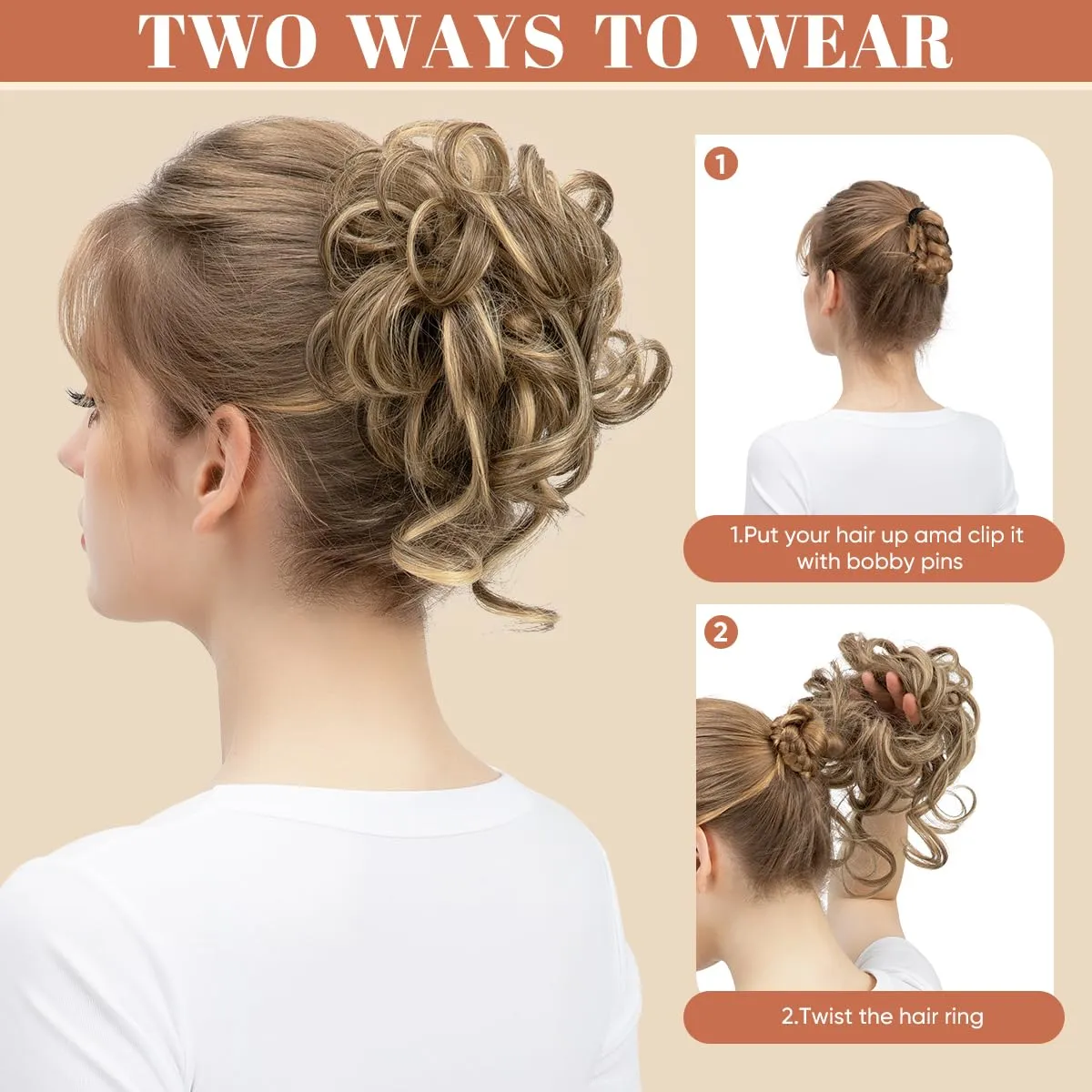 SARLA 2PCS Messy Bun Hair Pieces for Women Wavy Curly Synthetic Hairpieces for Updos with Tendrils Fake Scrunchies Ponytail Extension Beige Multi