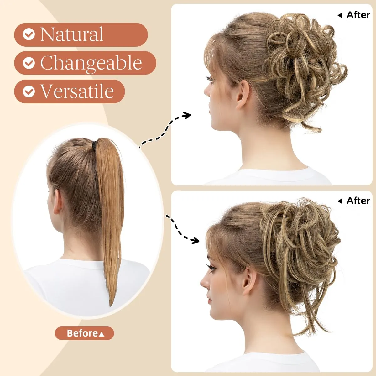 SARLA 2PCS Messy Bun Hair Pieces for Women Wavy Curly Synthetic Hairpieces for Updos with Tendrils Fake Scrunchies Ponytail Extension Beige Multi