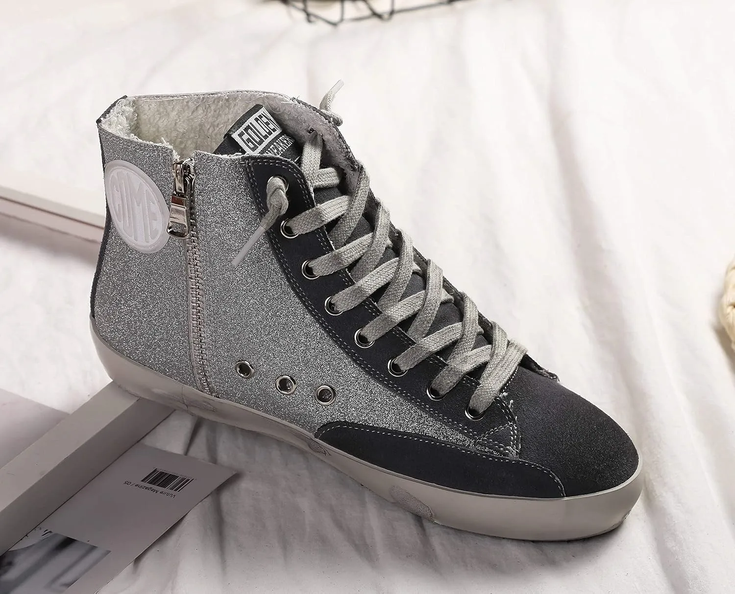 SATUKI Women's Distressed Design Lace up Star Glitter Shoes High Top Fashion Flat Sneakers