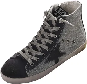SATUKI Women's Distressed Design Lace up Star Glitter Shoes High Top Fashion Flat Sneakers