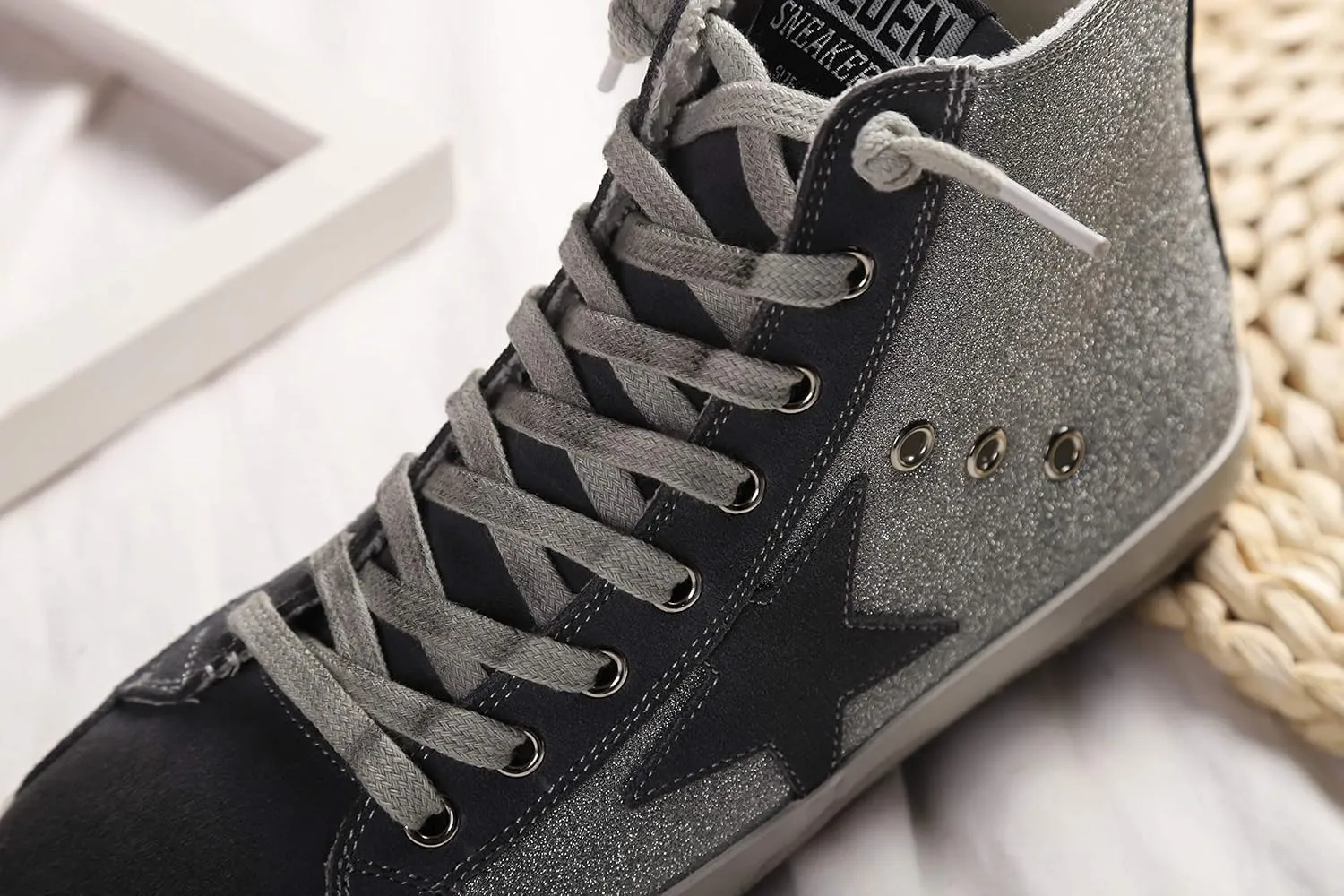 SATUKI Women's Distressed Design Lace up Star Glitter Shoes High Top Fashion Flat Sneakers