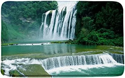 Scenic Waterfall Bath Mat Nature Plant Bathroom Rug Forest Tree Water Lake Landscape Jungle Soft Non-Slip Carpet Bedroom Kitchen Floor Door Mats 17x30 inch