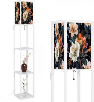 Seamless Pattern Big Flowers Flat Style Retro Pattern Floor Lamps with Shelves, Modern Standing Lamp Narrow Corner Display Bookshelf Lamp for Living Room, Bedroom, Office Decor