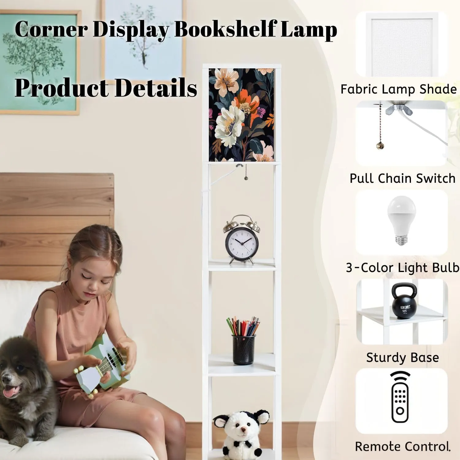 Seamless Pattern Big Flowers Flat Style Retro Pattern Floor Lamps with Shelves, Modern Standing Lamp Narrow Corner Display Bookshelf Lamp for Living Room, Bedroom, Office Decor