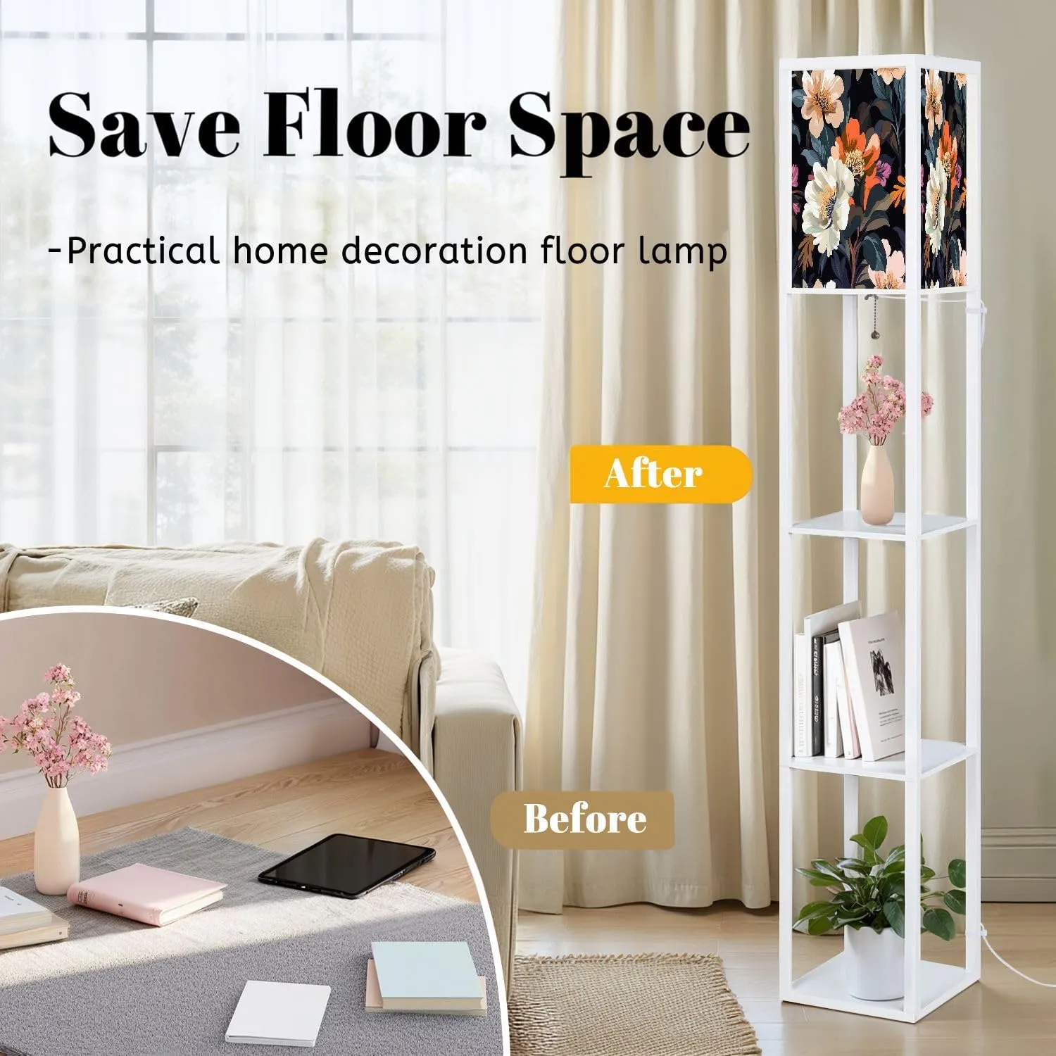 Seamless Pattern Big Flowers Flat Style Retro Pattern Floor Lamps with Shelves, Modern Standing Lamp Narrow Corner Display Bookshelf Lamp for Living Room, Bedroom, Office Decor