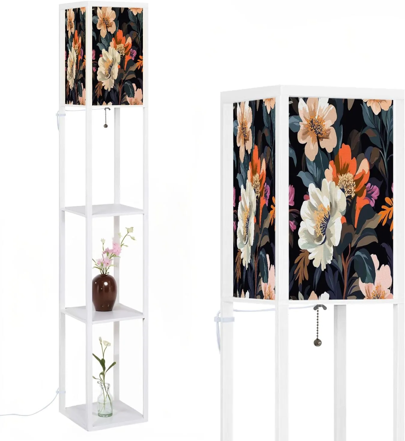 Seamless Pattern Big Flowers Flat Style Retro Pattern Floor Lamps with Shelves, Modern Standing Lamp Narrow Corner Display Bookshelf Lamp for Living Room, Bedroom, Office Decor
