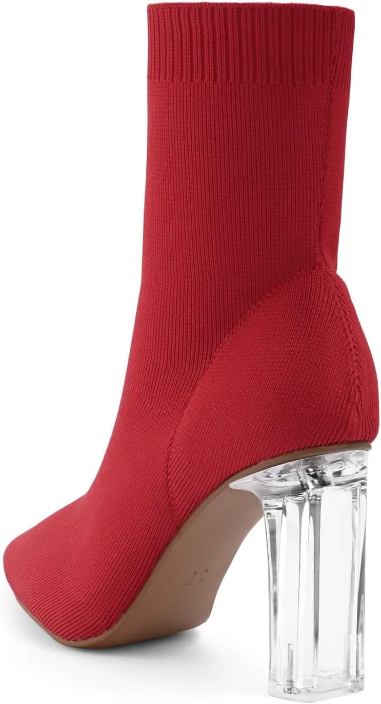 Shoe'N Tale Women's Knit Sock Ankle Boots Pointed Toe Clear Mid Heel Slip-on Stretch Booties Shoes