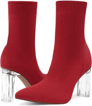Shoe'N Tale Women's Knit Sock Ankle Boots Pointed Toe Clear Mid Heel Slip-on Stretch Booties Shoes
